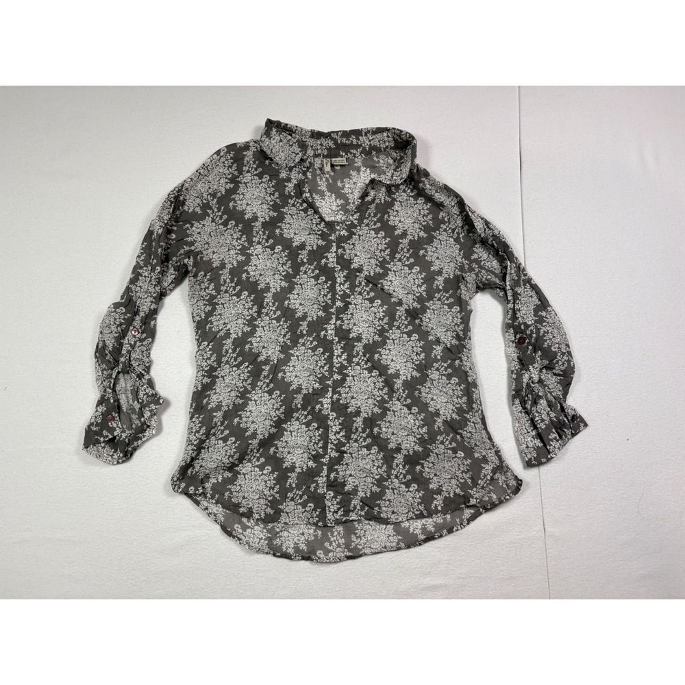 Love Potion Gray Floral Cotton V-Neck Long Sleeve Boho Blouse Shirt Womens L